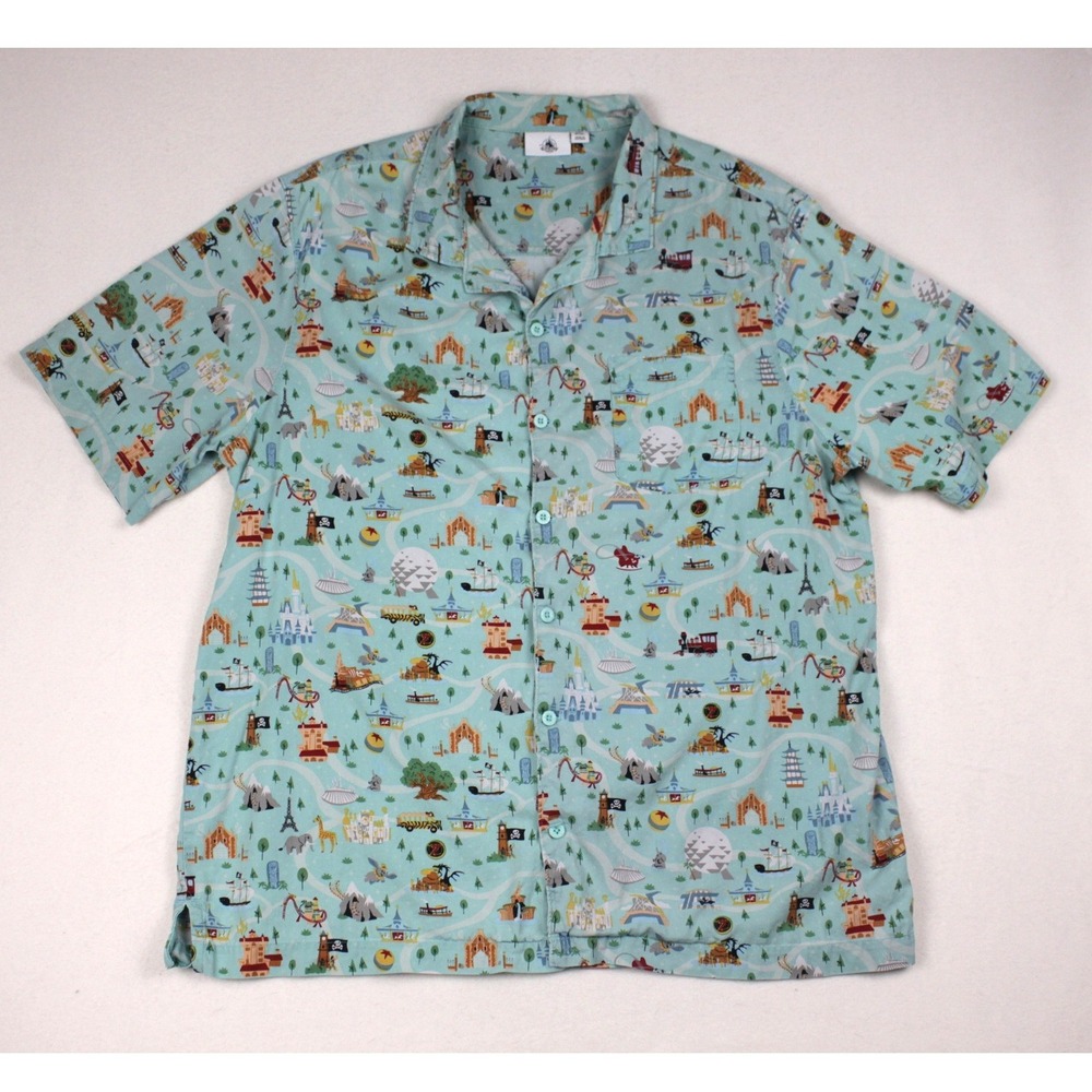 Disney Parks Attractions Map Shirt Mens XL Blue Camp Collar Vacation Button Up